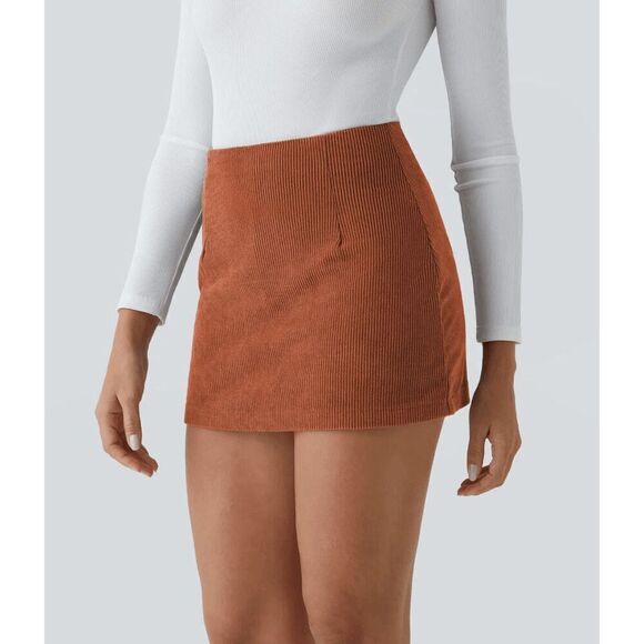 Halara‎ NWT AuraCord Cloud High-waisted 2-in-1 Corduroy Orange A-line skirt XL - Picture 3 of 6